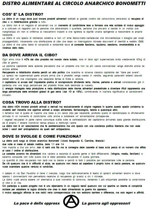 DISTRO ALIMENTARE AL CIRCOLO ANARCHICO BONOMETTI